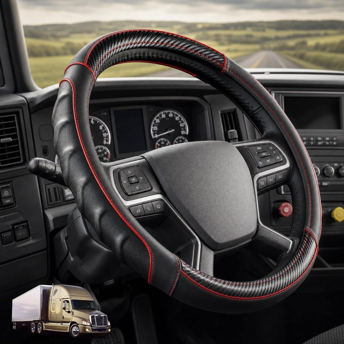 Carbon Red | Vyonix 18 inch carbon red semi-truck steering wheel cover installed