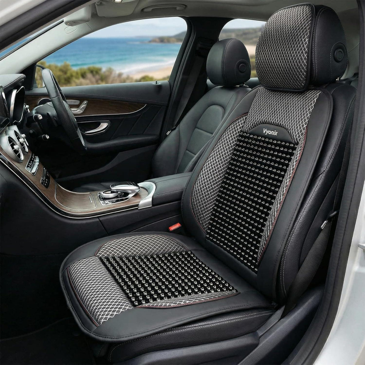 Vyonix wooden beaded car seat cover installed in a sedan cabin