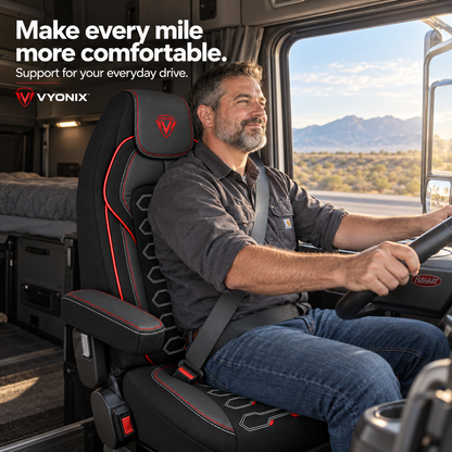 [Truck fitment=Peterbilt 579 / 567] | Dragon Series Peterbilt 579 / 567 seat cover: Driver using the seat cover in a truck cab.