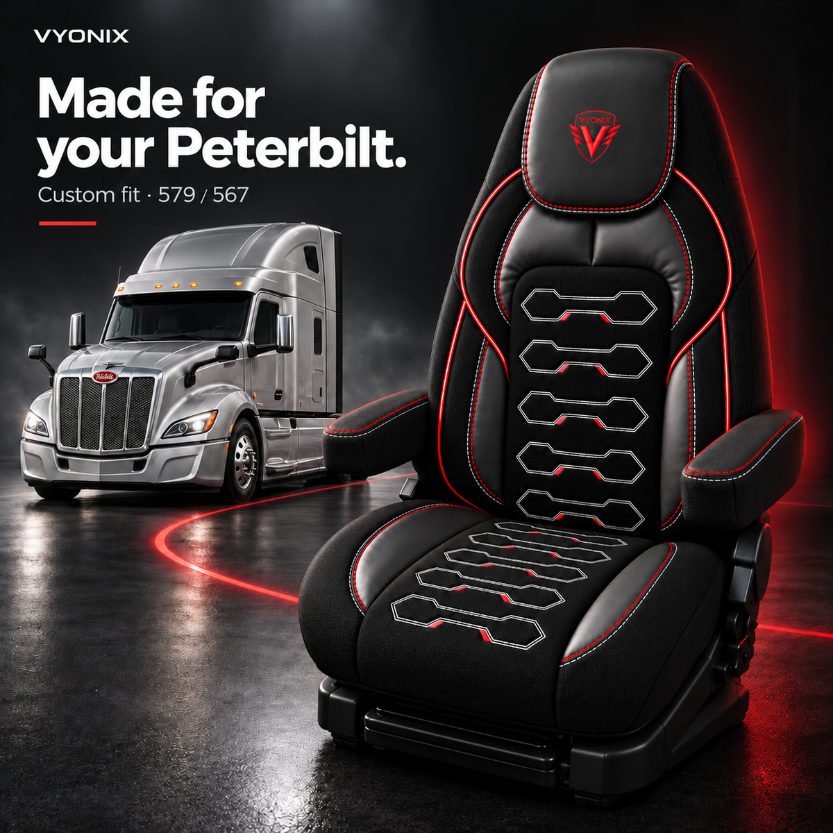 [Truck fitment=Peterbilt 579 / 567] | Dragon Series Peterbilt 579 / 567 seat cover: Truck model fitment graphic.