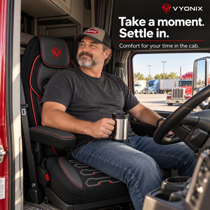 [Truck fitment=Peterbilt 579 / 567] | Dragon Series Peterbilt 579 / 567 seat cover: Driver seated in the cab with the seat cover.
