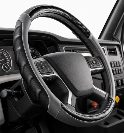 Grey | Vyonix 18 inch semi truck steering wheel cover in Grey with black carbon fibre accents, fitted in a truck cab