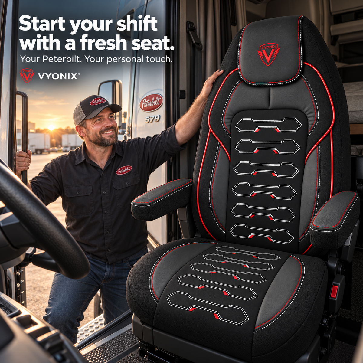[Truck fitment=Peterbilt 579 / 567] | Dragon Series Peterbilt 579 / 567 seat cover: Seat cover shown beside a driver at the cab door.