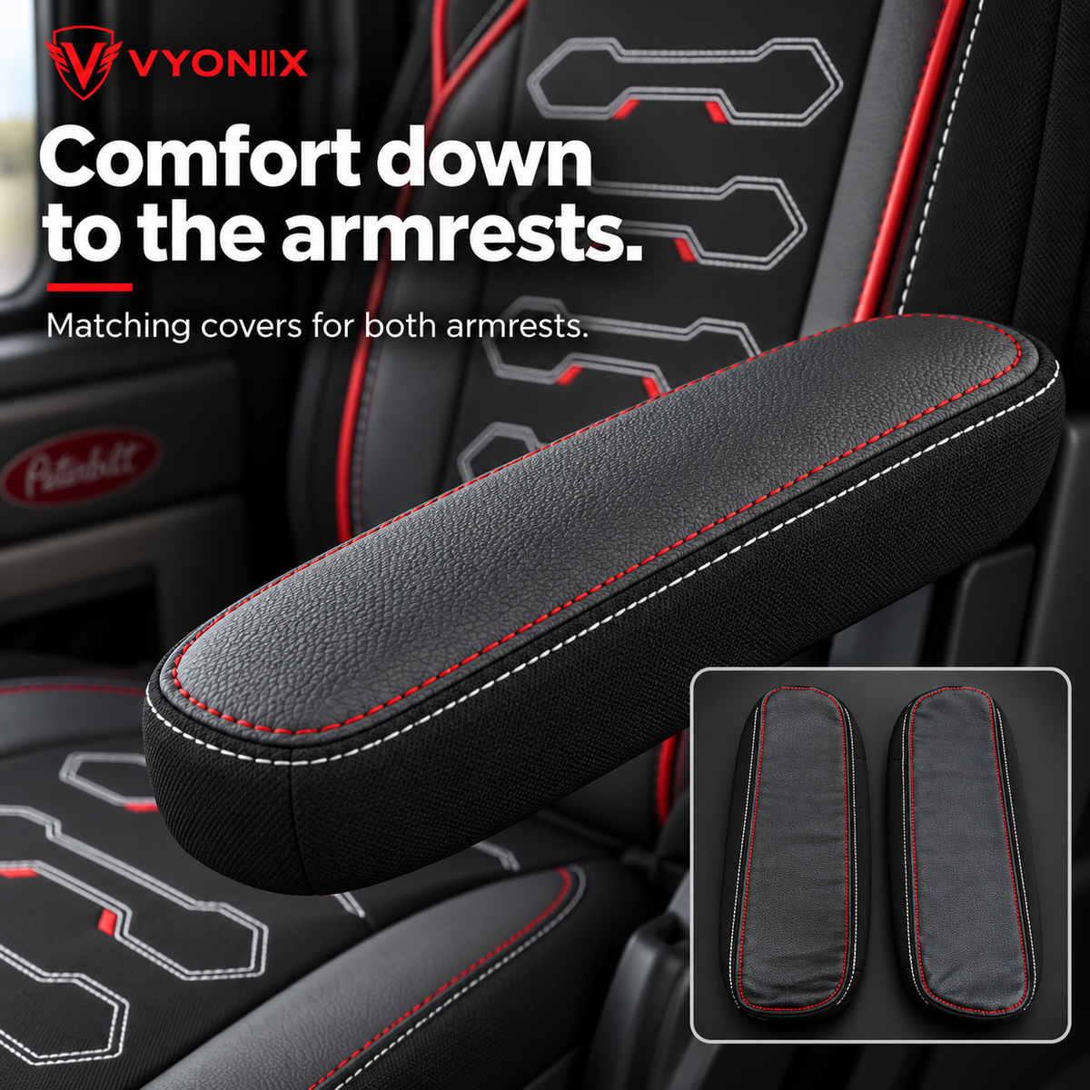 [Truck fitment=Peterbilt 579 / 567] | Dragon Series Peterbilt 579 / 567 seat cover: Armrest sleeve and stitching detail.
