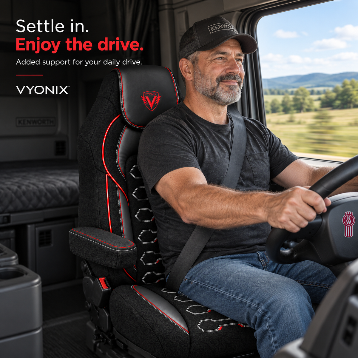 [Truck fitment=Kenworth T680 / T880 / W990] | Dragon Series Kenworth T680 / T880 / W990 seat cover: Driver seated on the seat cover.