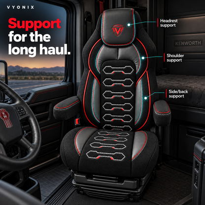 [Truck fitment=Kenworth T680 / T880 / W990] | Dragon Series Kenworth T680 / T880 / W990 seat cover: Backrest and side panel details.