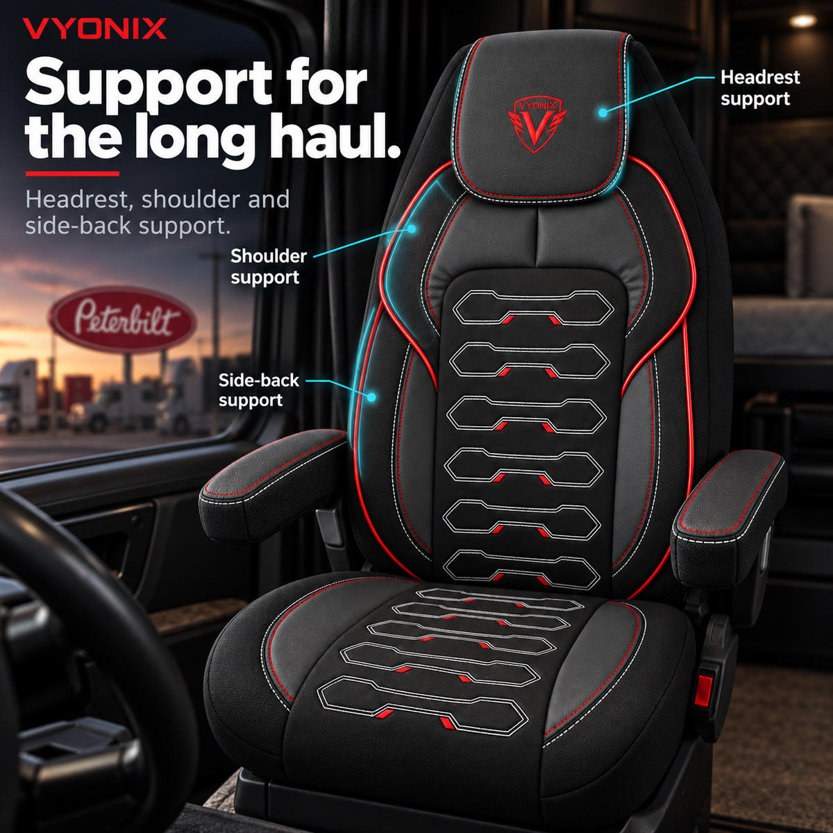 [Truck fitment=Peterbilt 579 / 567] | Dragon Series Peterbilt 579 / 567 seat cover: Headrest, backrest and side panel details.