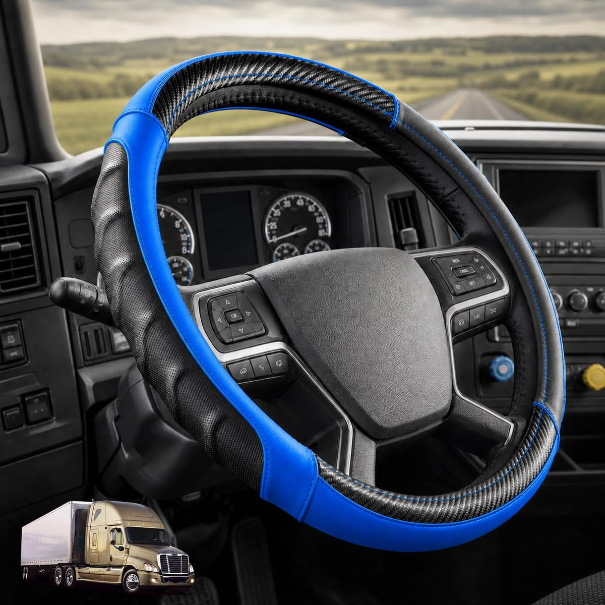 Blue | Vyonix 18 inch semi truck steering wheel cover in Blue with carbon fibre accents, fitted in a truck cab