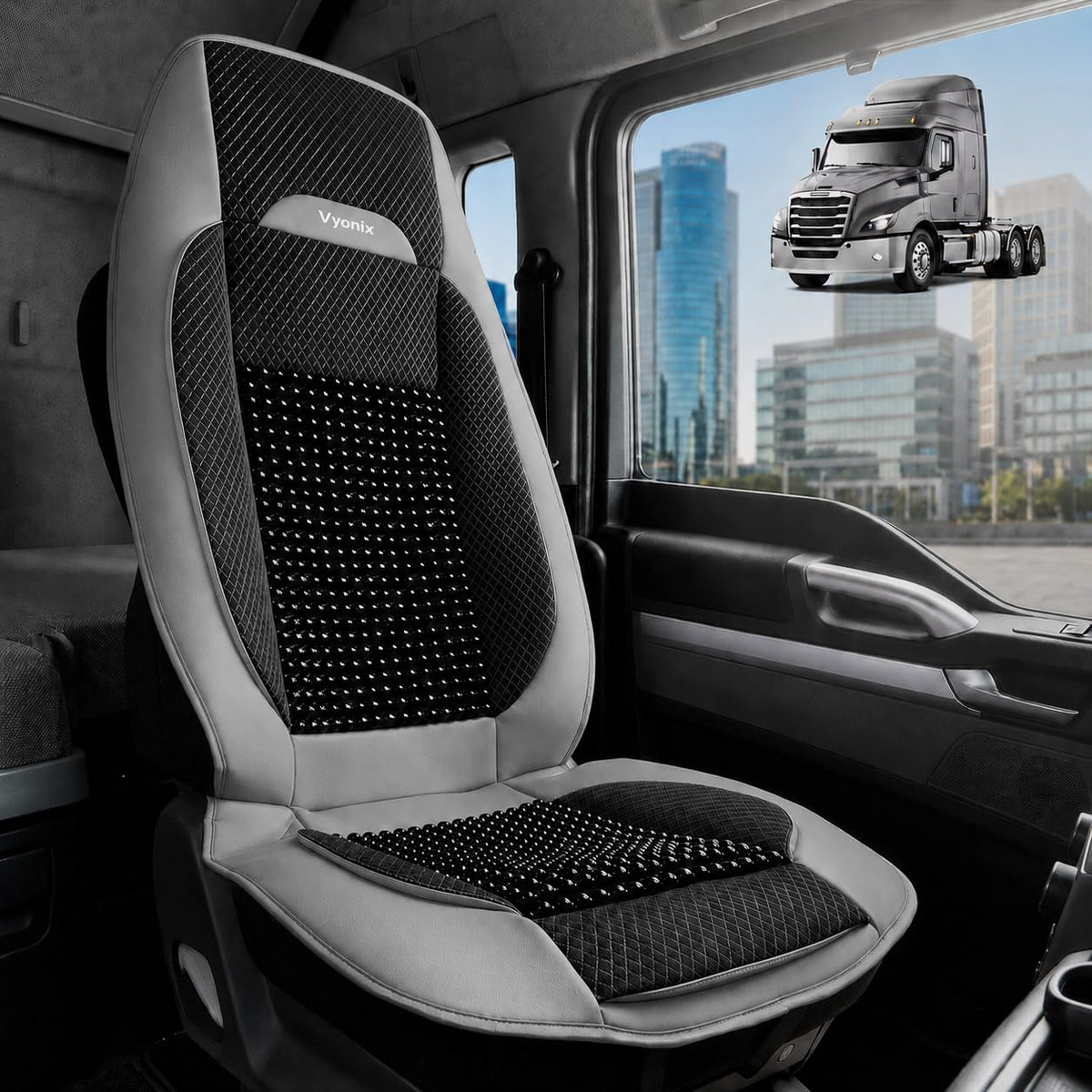 Dark Grey | Vyonix beaded seat cover fitted to a semi truck driver seat
