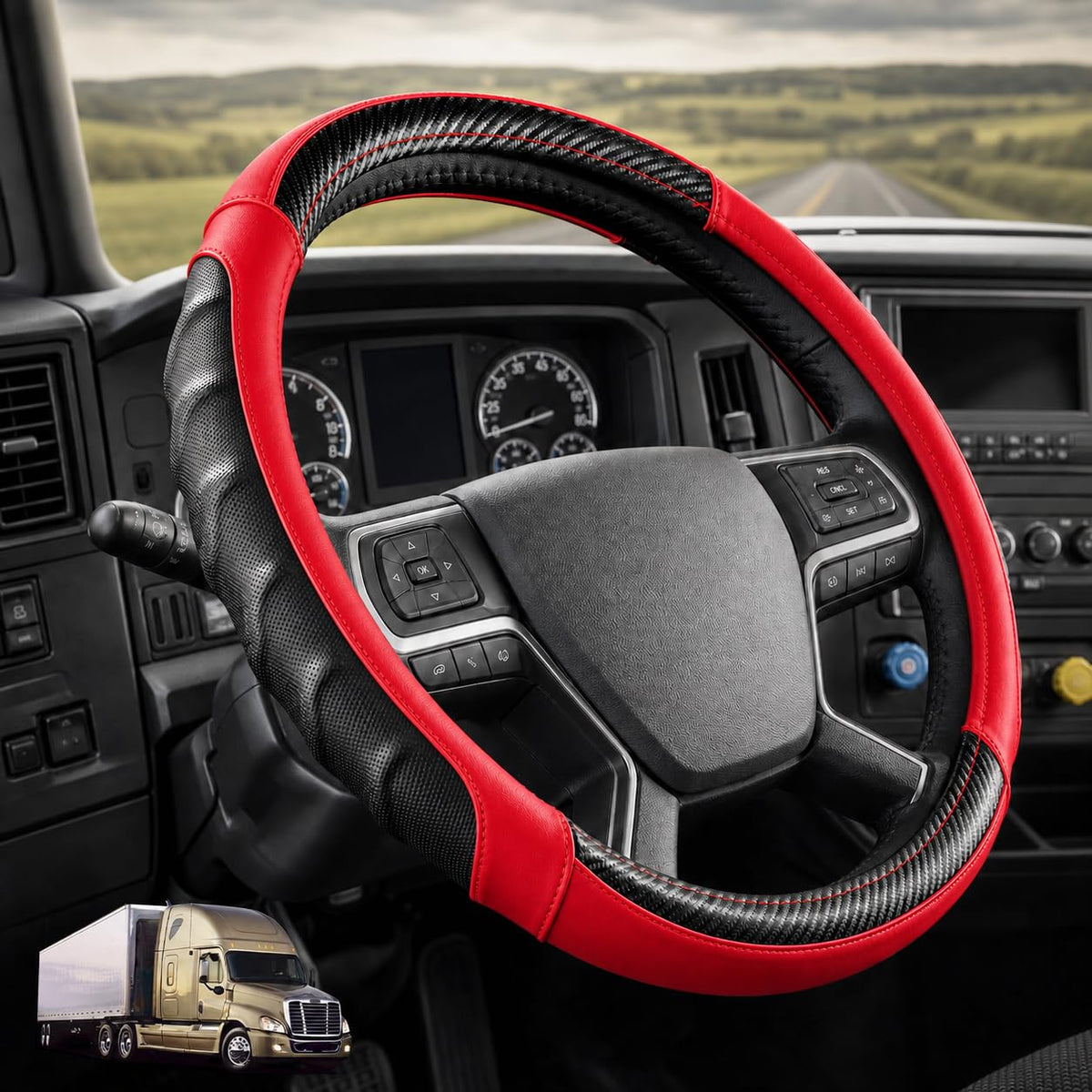 Red | Vyonix 18 inch semi truck steering wheel cover in Red with carbon fibre accents, fitted in a truck cab