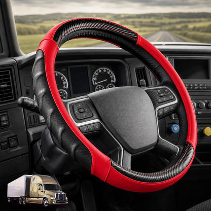 Red | Vyonix 18 inch semi truck steering wheel cover in Red with carbon fibre accents, fitted in a truck cab