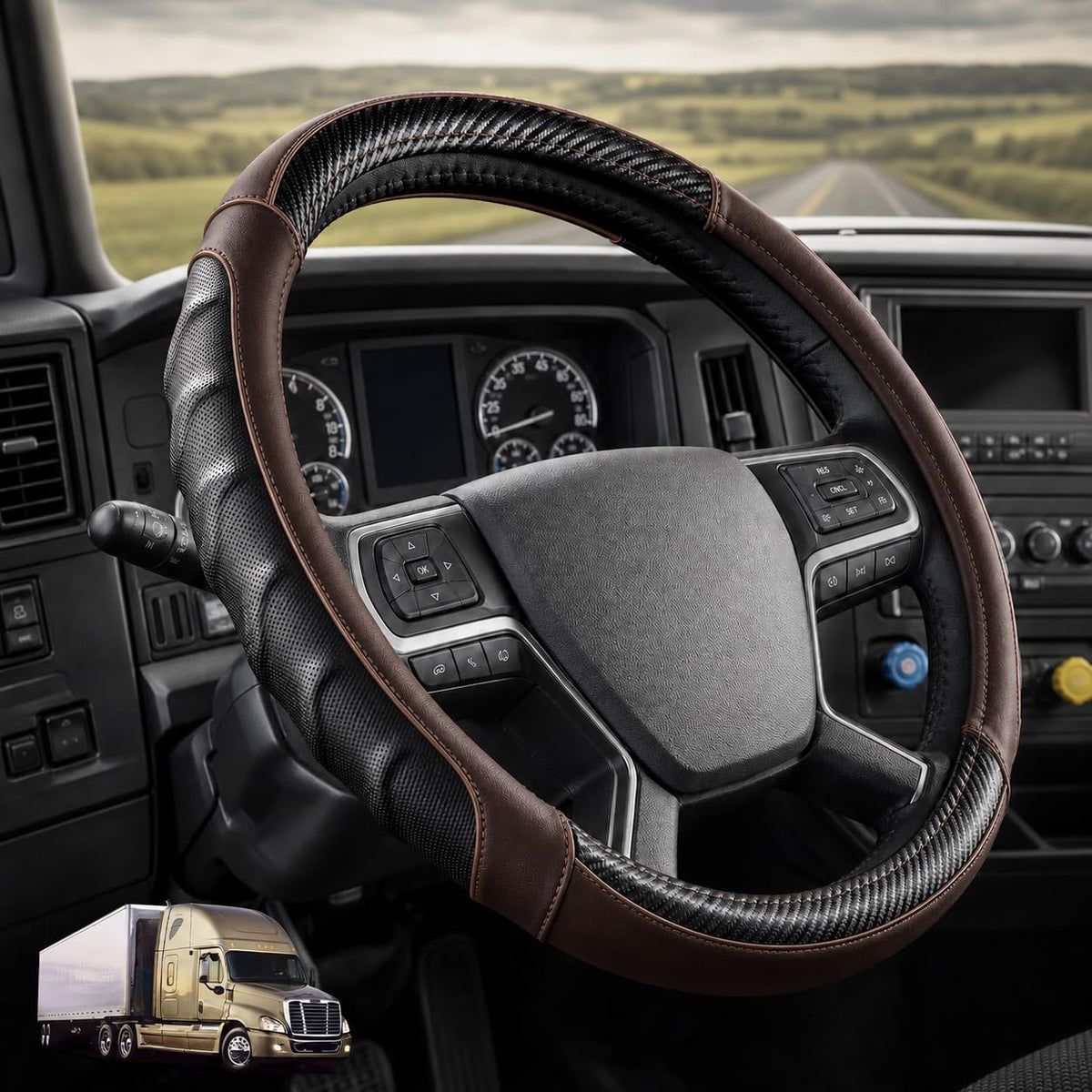 Dark Brown | Vyonix 18 inch semi truck steering wheel cover in Dark Brown with carbon fibre accents, fitted in a truck cab