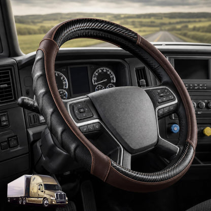 Dark Brown | Vyonix 18 inch semi truck steering wheel cover in Dark Brown with carbon fibre accents, fitted in a truck cab