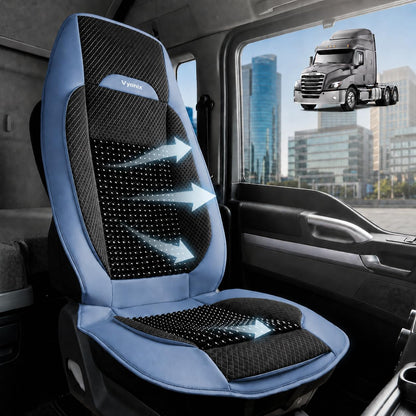 Blue | Vyonix beaded seat cover fitted to a semi truck driver seat