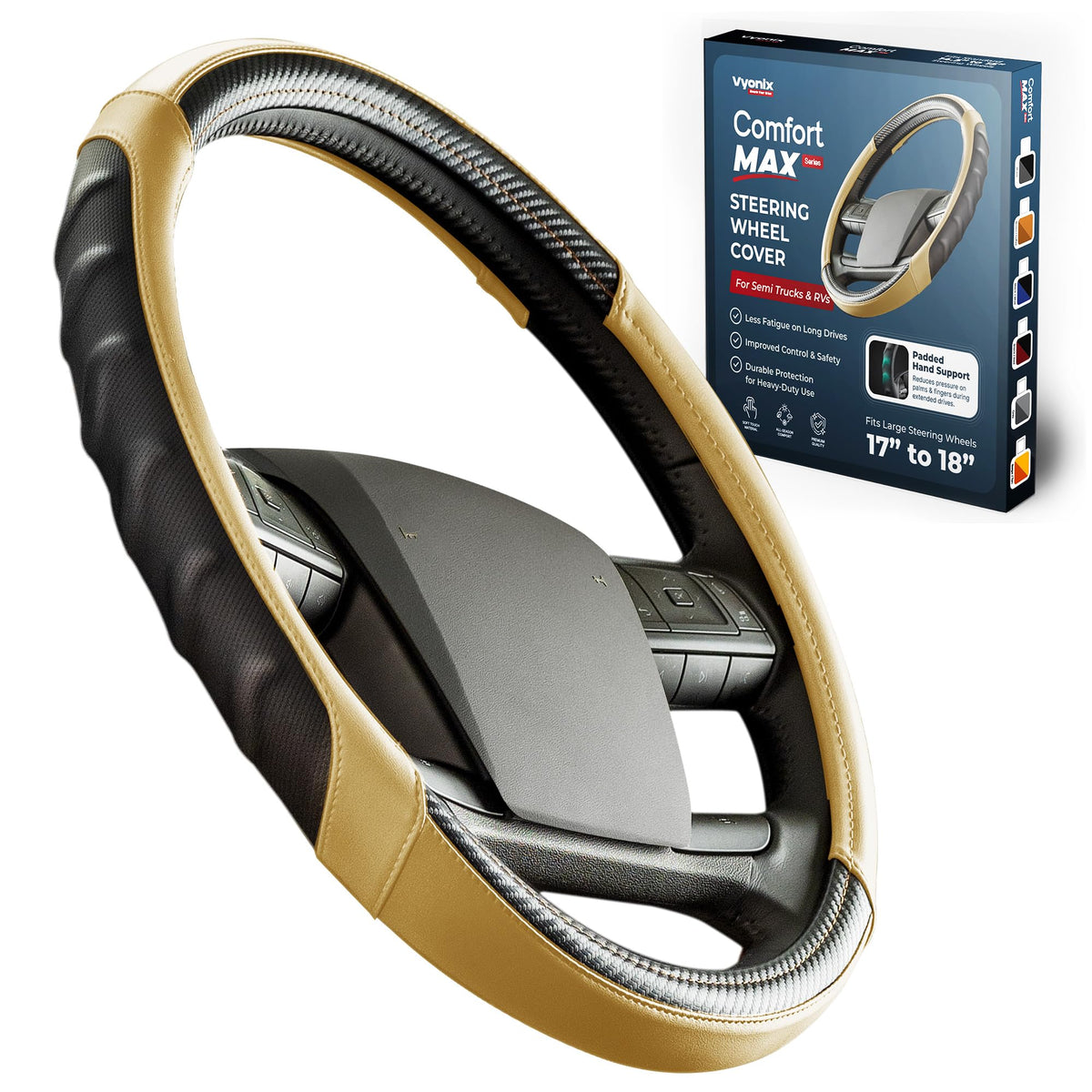 Tan | Vyonix 18 inch semi truck steering wheel cover in Tan with black carbon fibre accents