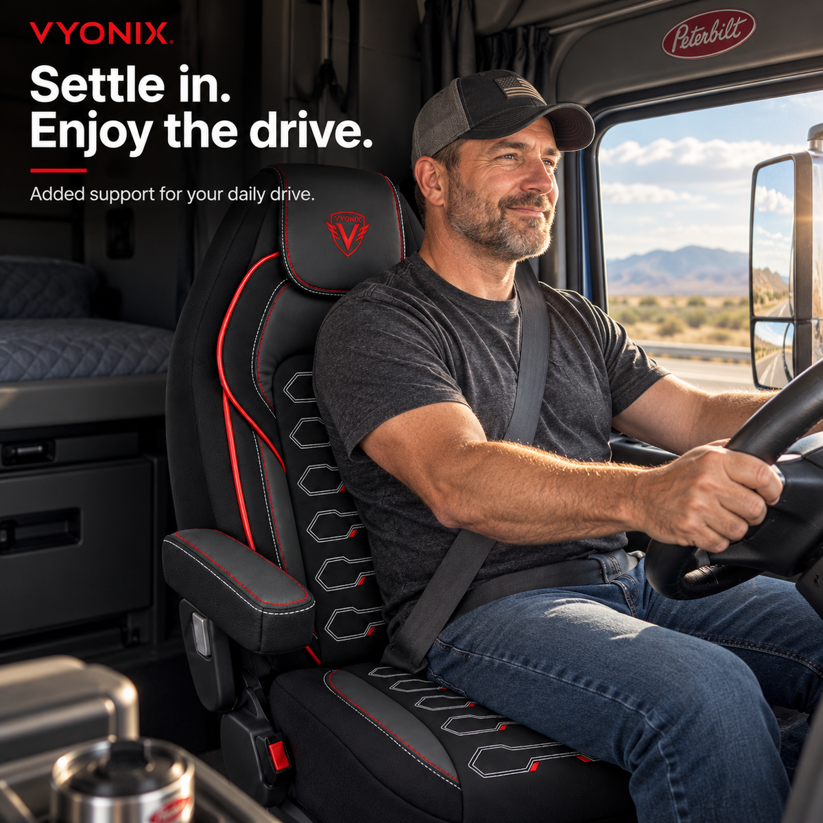 [Truck fitment=Peterbilt 579 / 567] | Dragon Series Peterbilt 579 / 567 seat cover: Driver seated on the seat cover.
