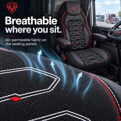 [Truck fitment=Peterbilt 579 / 567] | Dragon Series Peterbilt 579 / 567 seat cover: Center fabric and stitching detail.