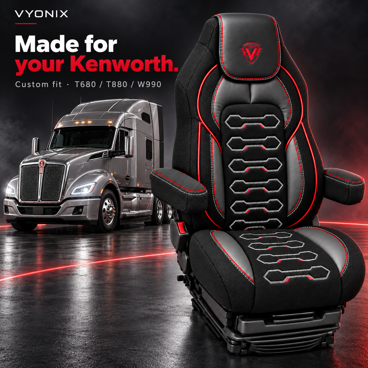 [Truck fitment=Kenworth T680 / T880 / W990] | Dragon Series Kenworth T680 / T880 / W990 seat cover: Truck model fitment graphic.