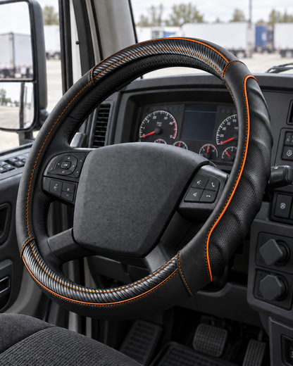Carbon Orange | Vyonix 18 inch steering wheel cover with orange carbon fibre accents installed in a semi truck cab