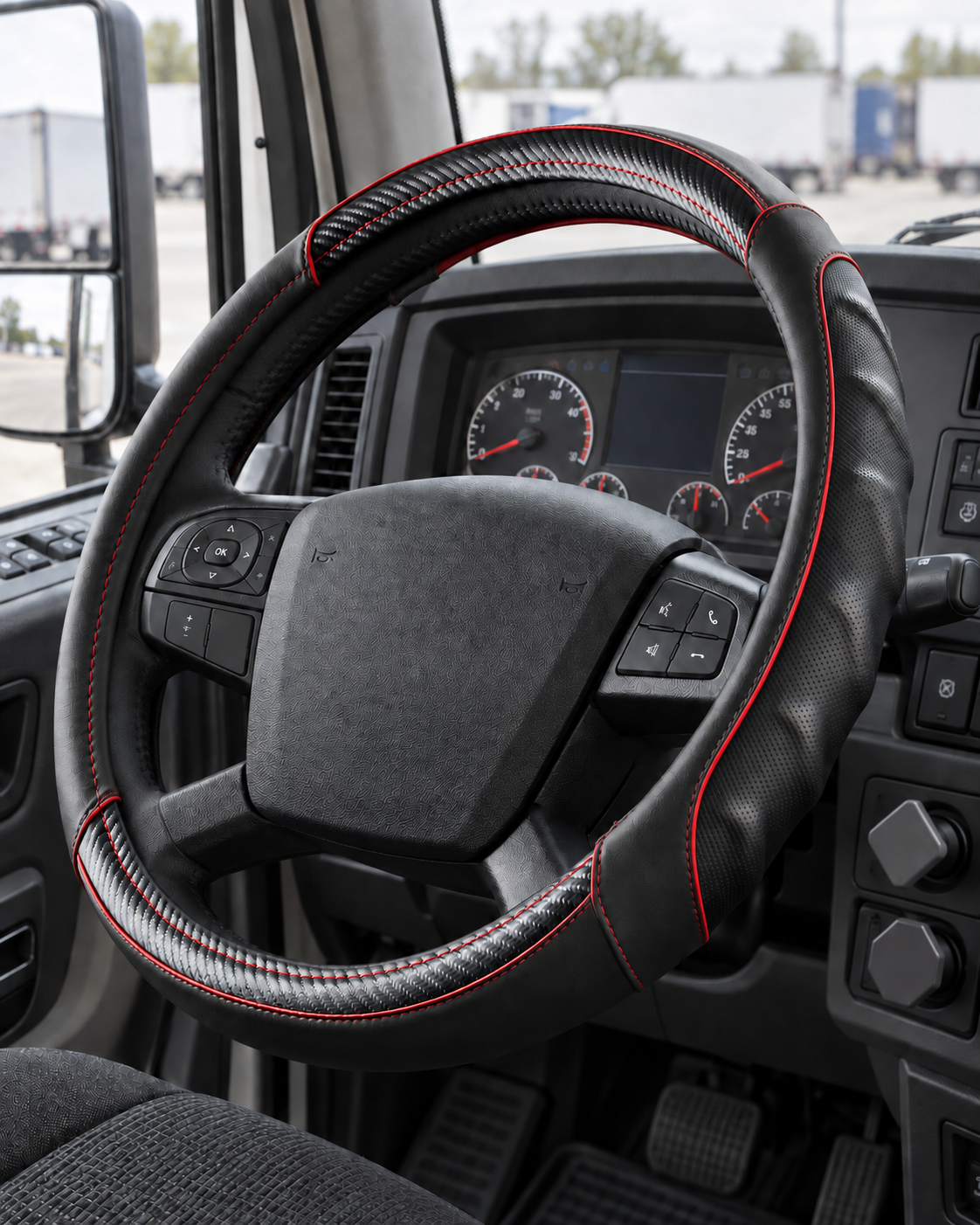 Carbon Red | Vyonix 18 inch steering wheel cover with red carbon fibre accents installed in a semi truck cab