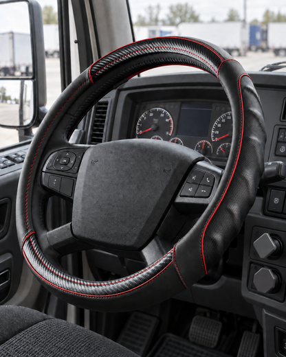 Carbon Red | Vyonix 18 inch steering wheel cover with red carbon fibre accents installed in a semi truck cab