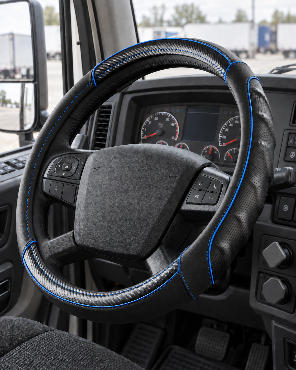 Carbon Blue | Vyonix 18 inch steering wheel cover with blue carbon fibre accents installed in a semi truck cab