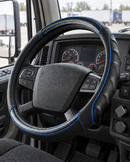 Carbon Blue | Vyonix 18 inch steering wheel cover with blue carbon fibre accents installed in a semi truck cab