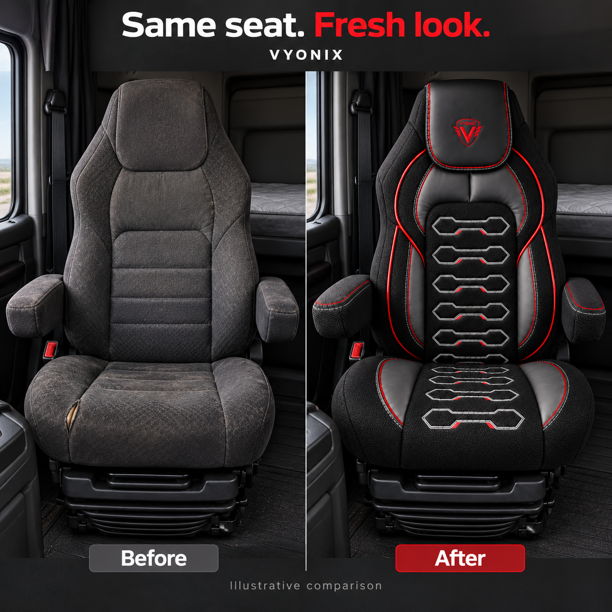 [Truck fitment=Kenworth T680 / T880 / W990] | Dragon Series Kenworth T680 / T880 / W990 seat cover: Seat shown before and after fitting the cover.