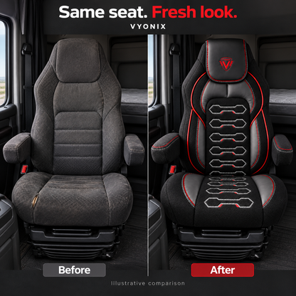 [Truck fitment=Kenworth T680 / T880 / W990] | Dragon Series Kenworth T680 / T880 / W990 seat cover: Seat shown before and after fitting the cover.