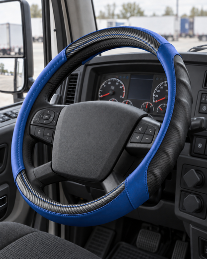 Blue | Vyonix 18 inch steering wheel cover installed in a semi truck cab