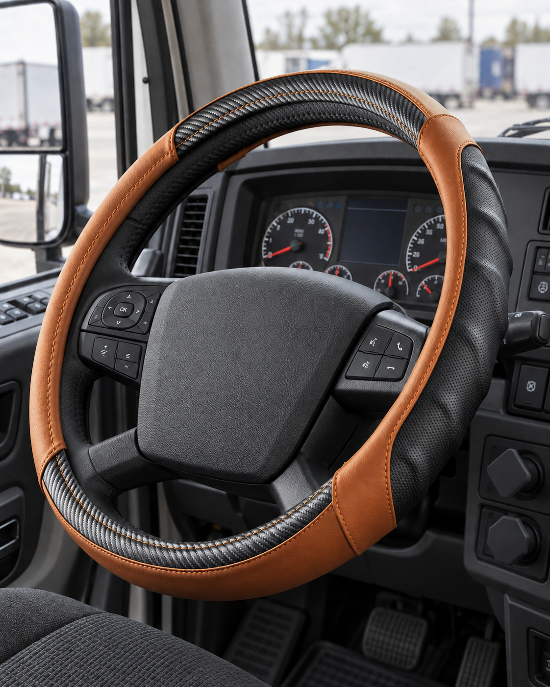 Brown | Vyonix 18 inch steering wheel cover installed in a semi truck cab