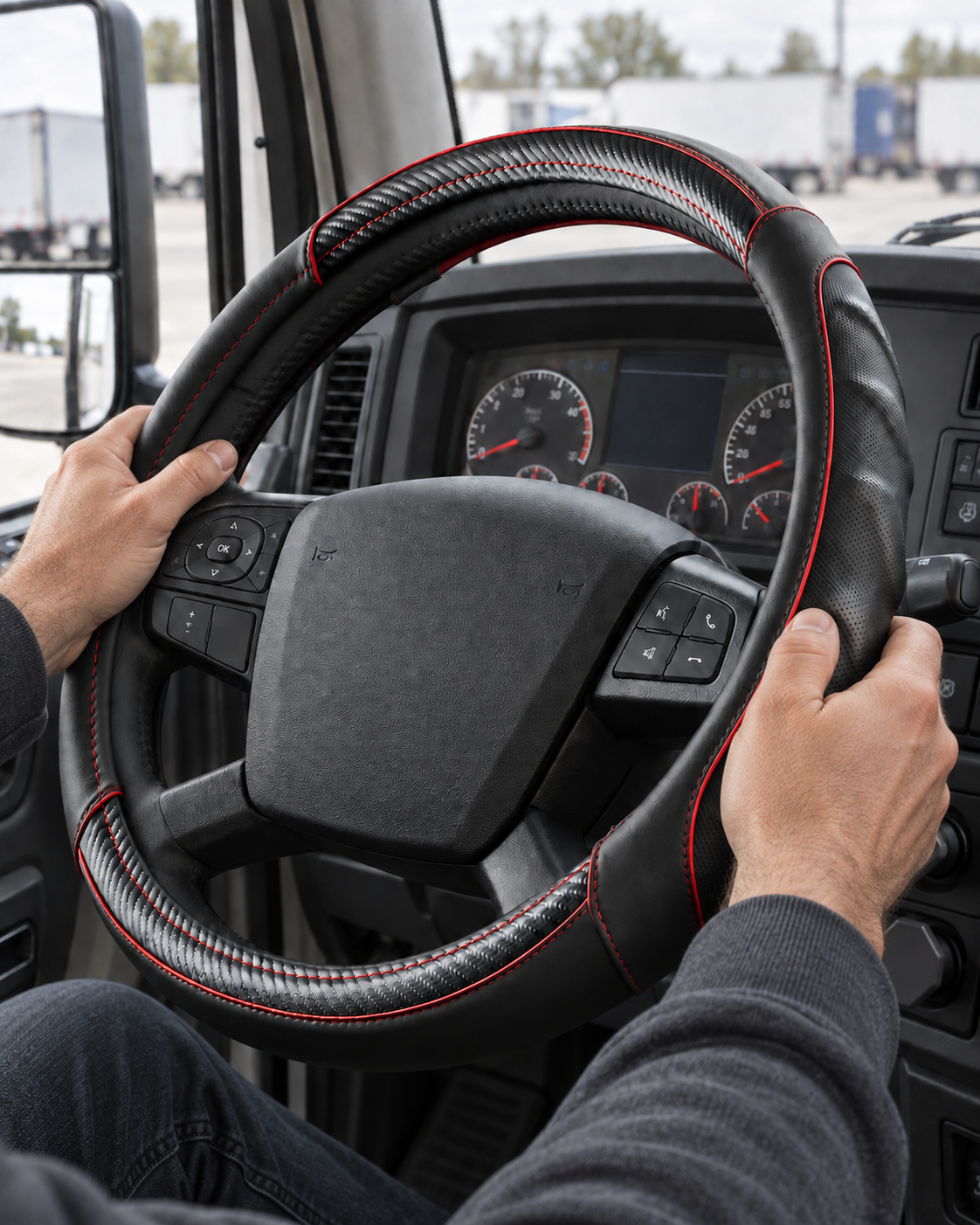 Carbon Red | Driver's hands on the Vyonix 18 inch carbon red steering wheel cover in a semi truck cab