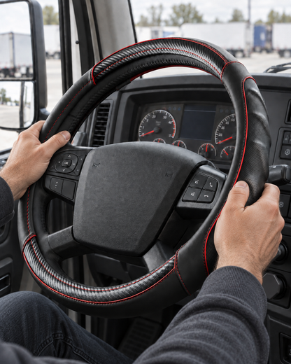 Carbon Red | Driver's hands on the Vyonix 18 inch carbon red steering wheel cover in a semi truck cab