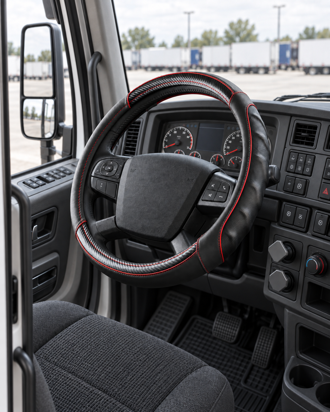 Carbon Red | Vyonix 18 inch carbon red steering wheel cover installed in a semi truck cab, dashboard view