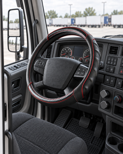 Carbon Red | Vyonix 18 inch carbon red steering wheel cover installed in a semi truck cab, dashboard view