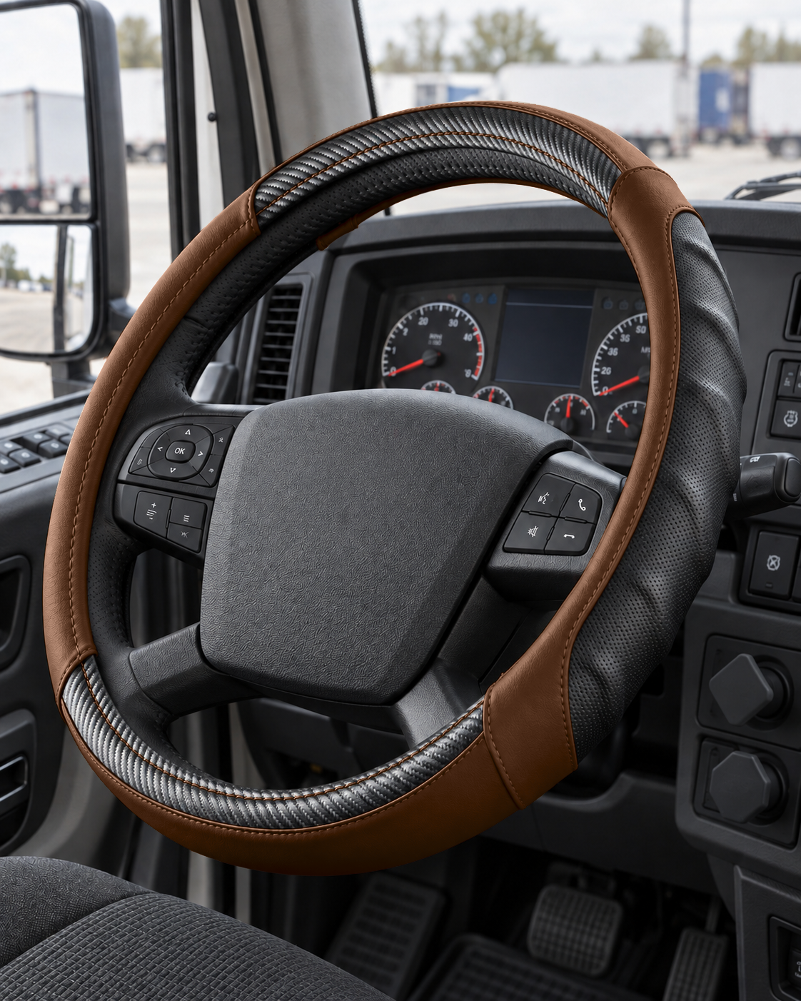 Dark Brown | Vyonix 18 inch steering wheel cover installed in a semi truck cab