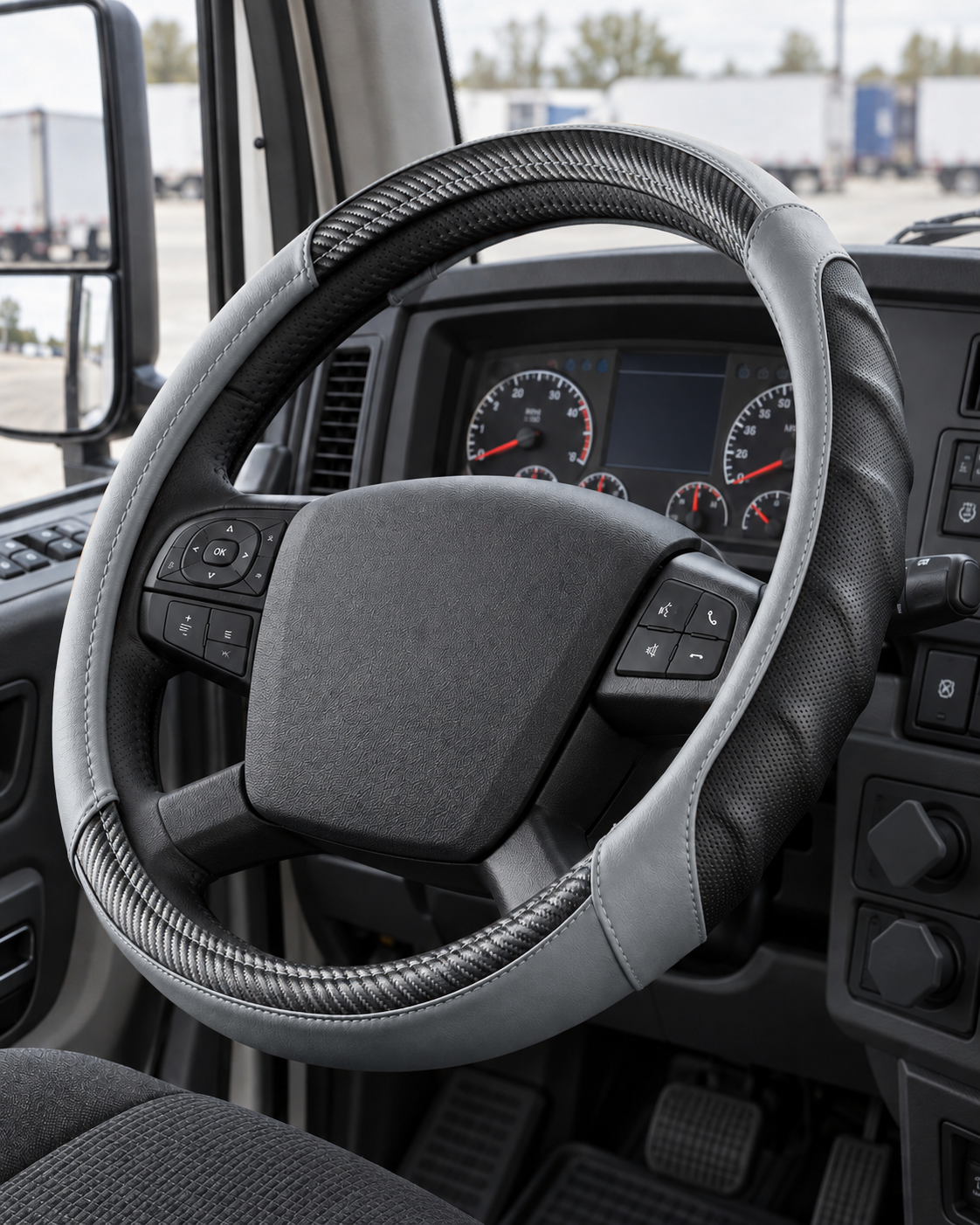 Grey | Vyonix 18 inch steering wheel cover installed in a semi truck cab