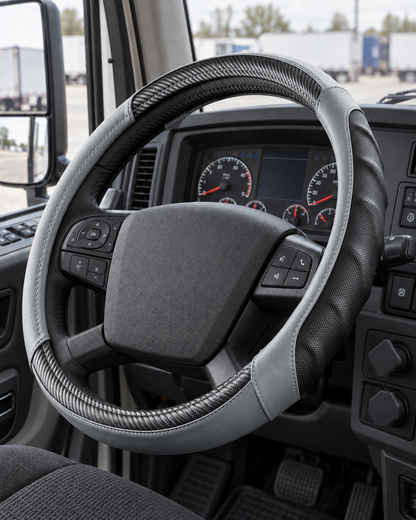 Grey | Vyonix 18 inch steering wheel cover installed in a semi truck cab