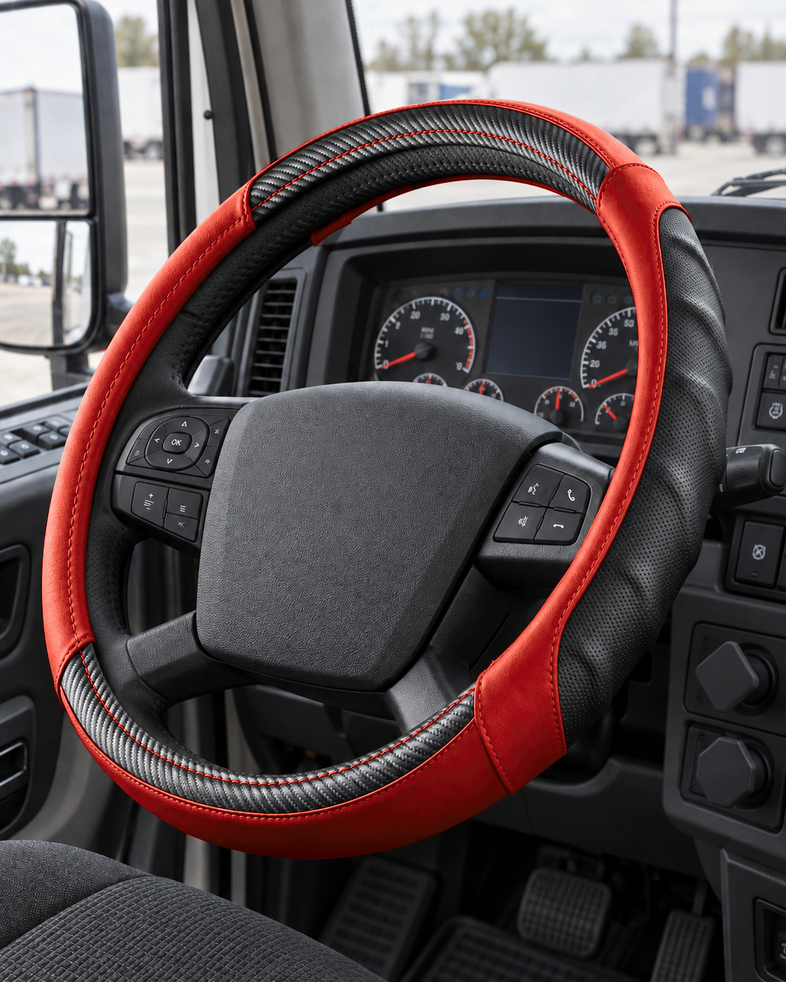 Red | Vyonix 18 inch steering wheel cover installed in a semi truck cab