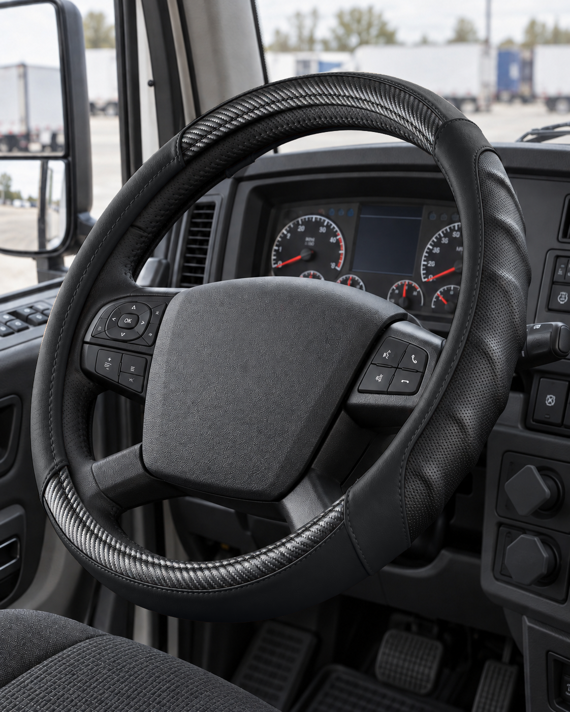Royal Black | Vyonix 18 inch steering wheel cover installed in a semi truck cab
