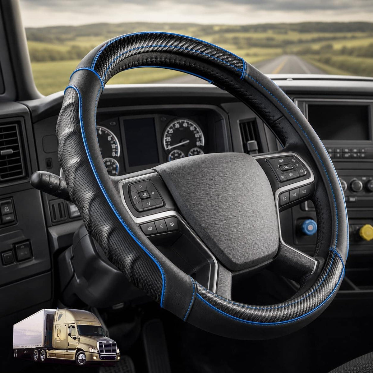 Carbon Blue | Vyonix 18 inch carbon blue semi-truck steering wheel cover installed