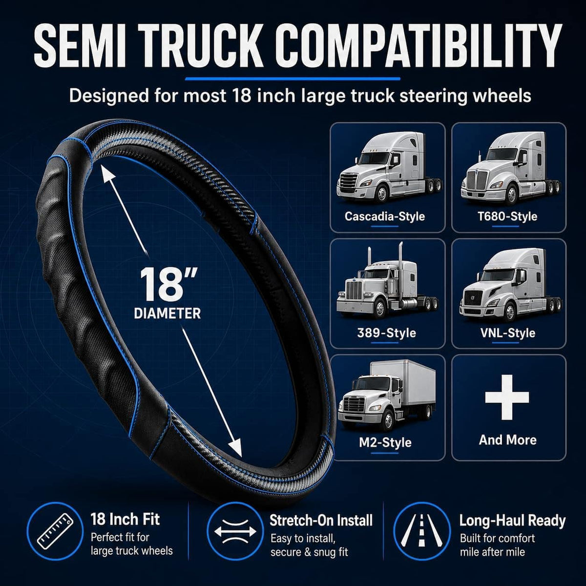 Vyonix 18 inch steering wheel cover compatibility guide for Freightliner, Kenworth, Peterbilt, Volvo, Mack cabs