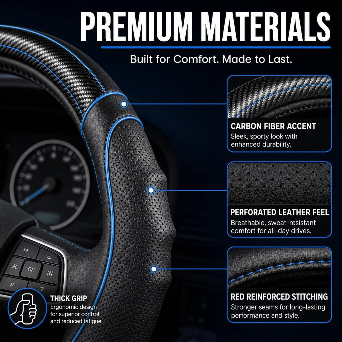 Vyonix 18 inch semi truck steering wheel cover materials detail - carbon fiber texture and stitched leather grip