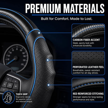 Vyonix 18 inch semi truck steering wheel cover materials detail - carbon fiber texture and stitched leather grip