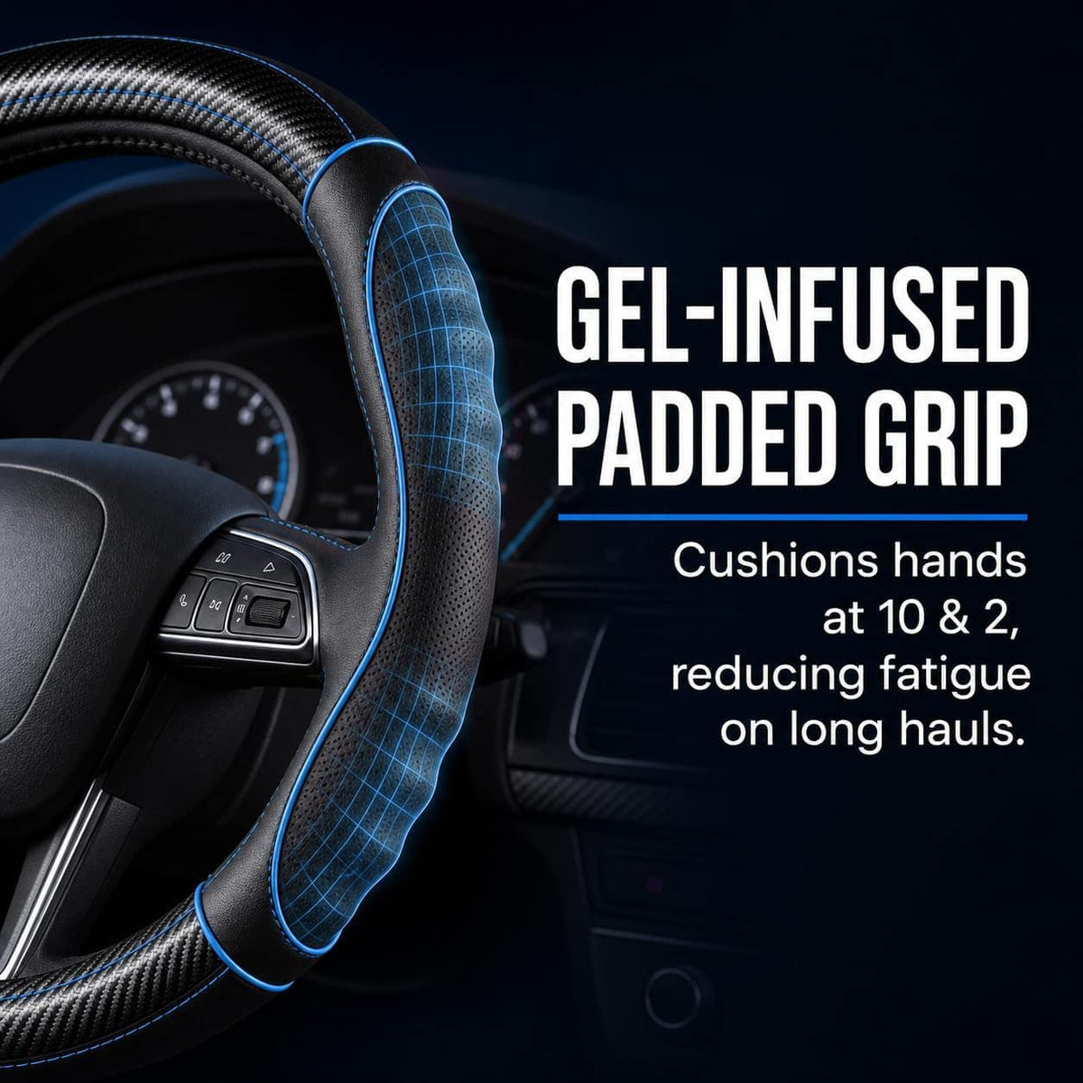 Padded grip close-up on the Vyonix 18 inch semi truck steering wheel cover