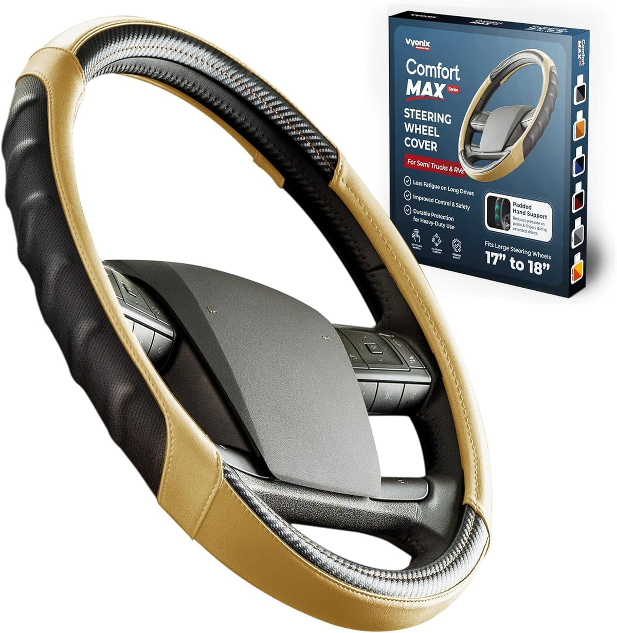 Vyonix 18 inch semi truck steering wheel cover shown with its packaging