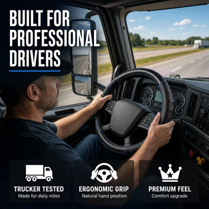 Professional truck driver using the Vyonix 18 inch steering wheel cover in a semi truck cab