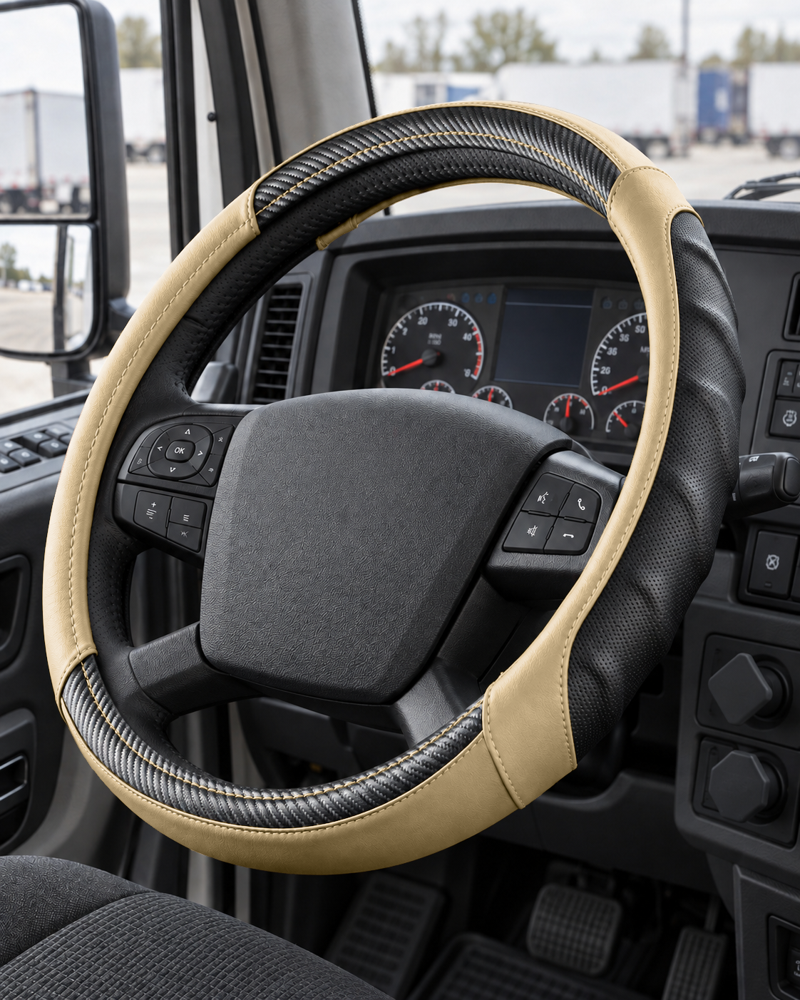 Tan | Vyonix 18 inch steering wheel cover installed in a semi truck cab