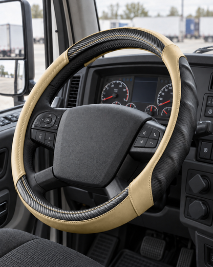 Tan | Vyonix 18 inch steering wheel cover installed in a semi truck cab