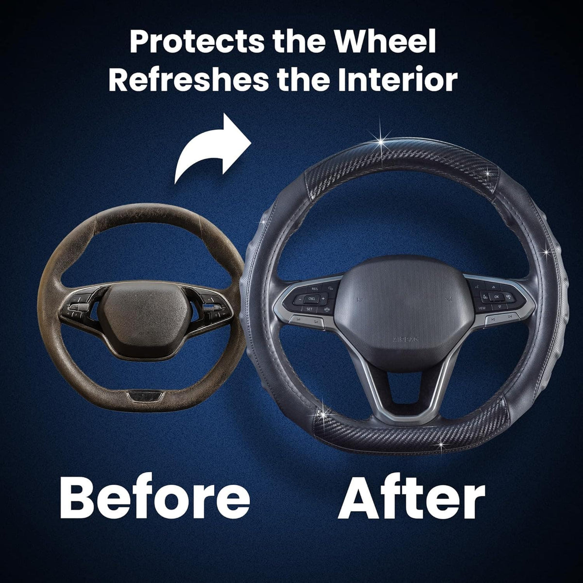Before and after car interior with Vyonix carbon fiber steering wheel cover